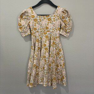 Remie Girl white with gold & pink flowers short puff sleeve dress, side pockets